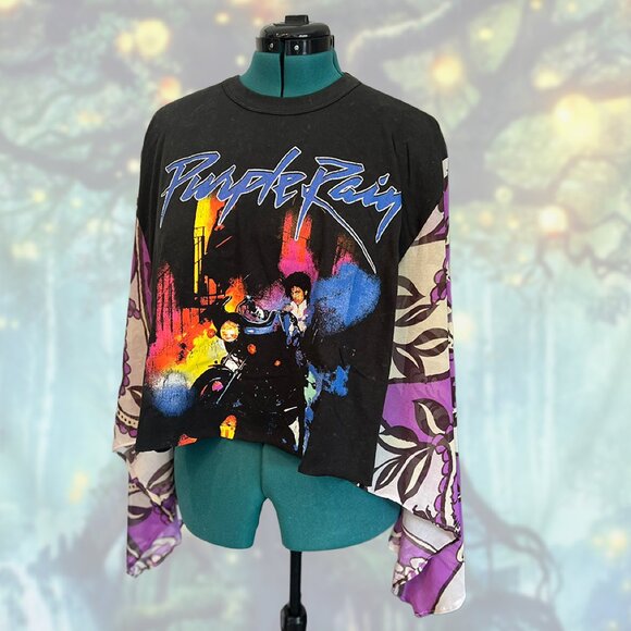 Purple Rain Prince upcycled Cropped poncho top, Stretch Mesh Kimono Sleeves - Picture 1 of 5